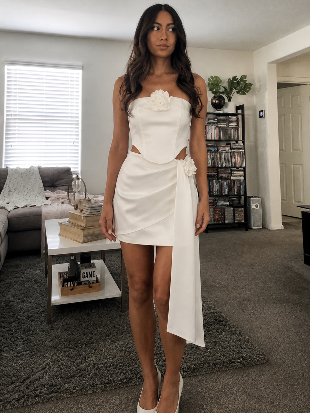 Meshki White Satin Rosette Two Piece Set XXS Bridal Mini Skirt